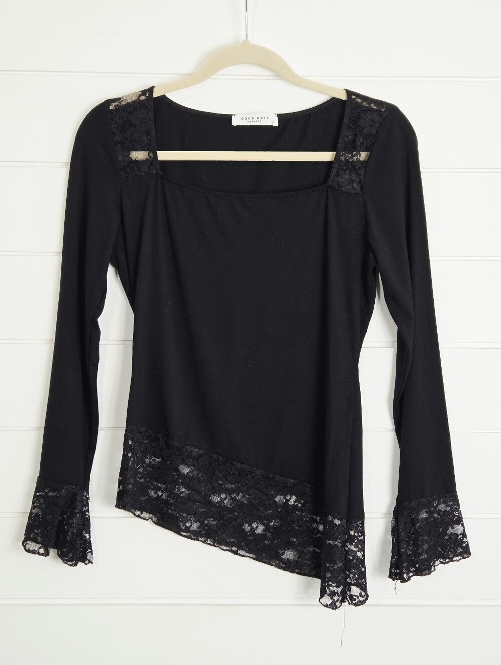 Good Days Project Black Lace-Trim Square Neck Long Sleeve Top  Size L
